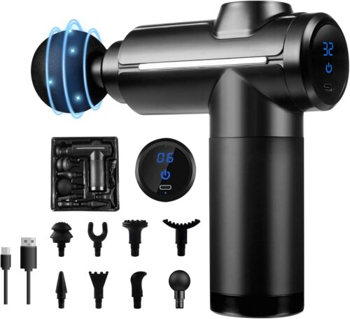 Massagepistole, aktive Massagepistole für Tiefgewebe, mit 8 Köpfen USB C Rückenmassage Massage Massage für Muskelmassage entspannend, bestes Geschenk für Familie, Schwarz