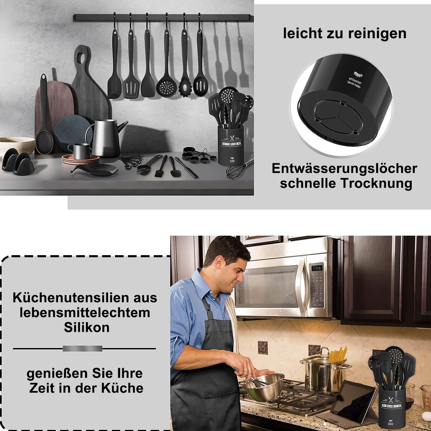 Küchenutensilien-Set, 43-teilige Silikonkochutensilien, Kochen Caslery Set, hitzebeständiges Kochgeschirr mit Utensilienhalter, Nicht-Stick-Kochset, Küchenutensilien, Geschirrspüler sicher, schwarz – Bild 4