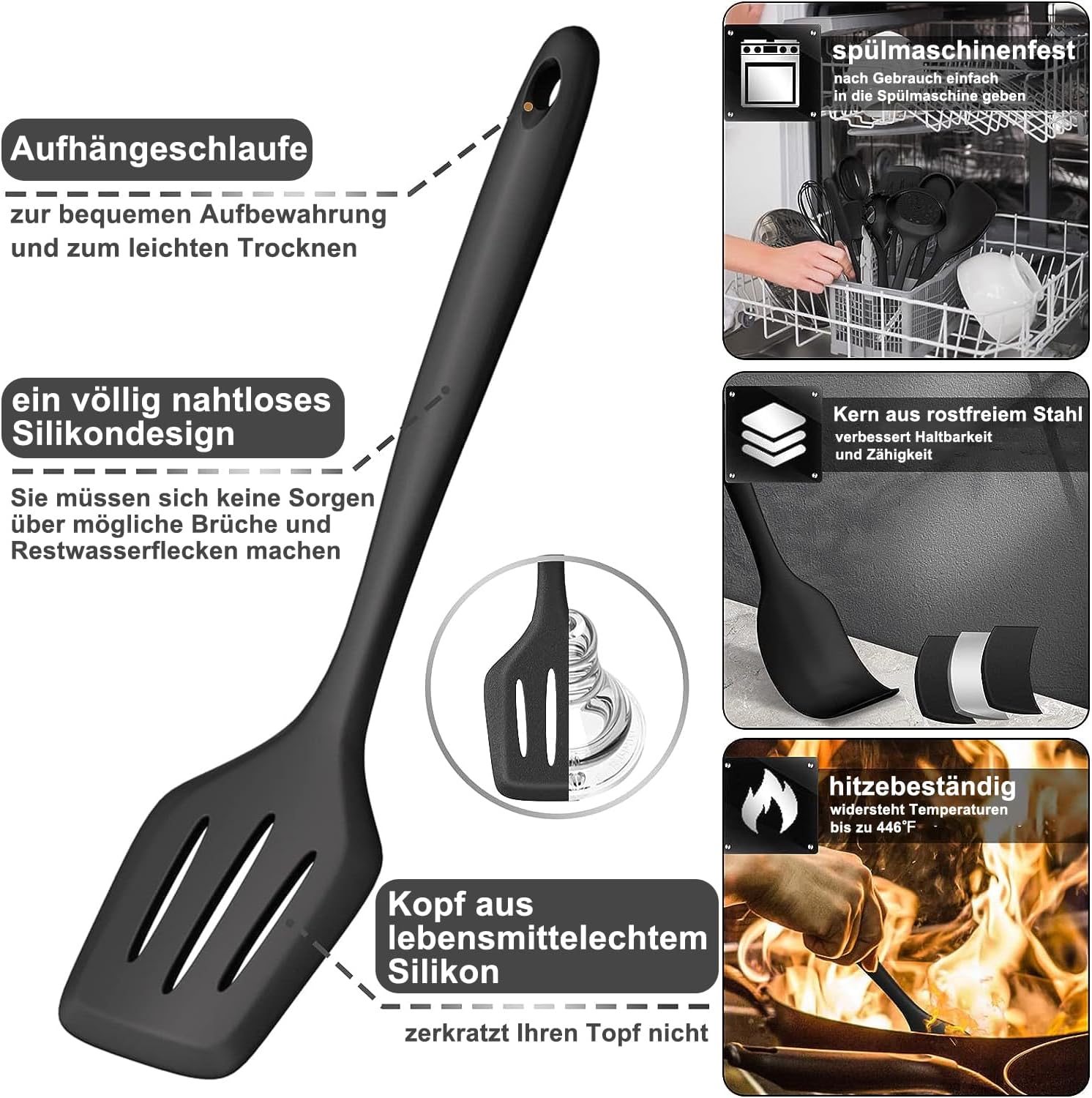 Küchenutensilien-Set, 43-teilige Silikonkochutensilien, Kochen Caslery Set, hitzebeständiges Kochgeschirr mit Utensilienhalter, Nicht-Stick-Kochset, Küchenutensilien, Geschirrspüler sicher, schwarz – Bild 2