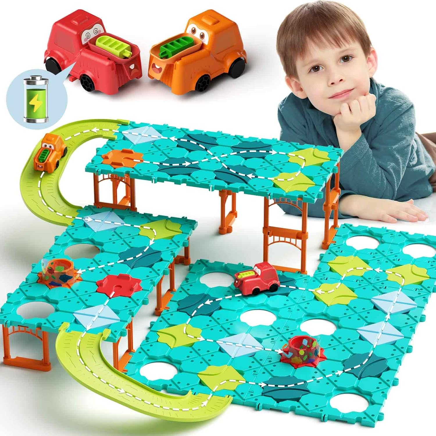 STEM -Brettspiele, Kinderspielzeug, logischer Straßenbauer, Straßenset mit drei Levels für Kinder, Montessori Logic Puzzle Set mit elektrischem Trolley, Kinderspielzeuggeschenk von 6 7 8 9 Jahre