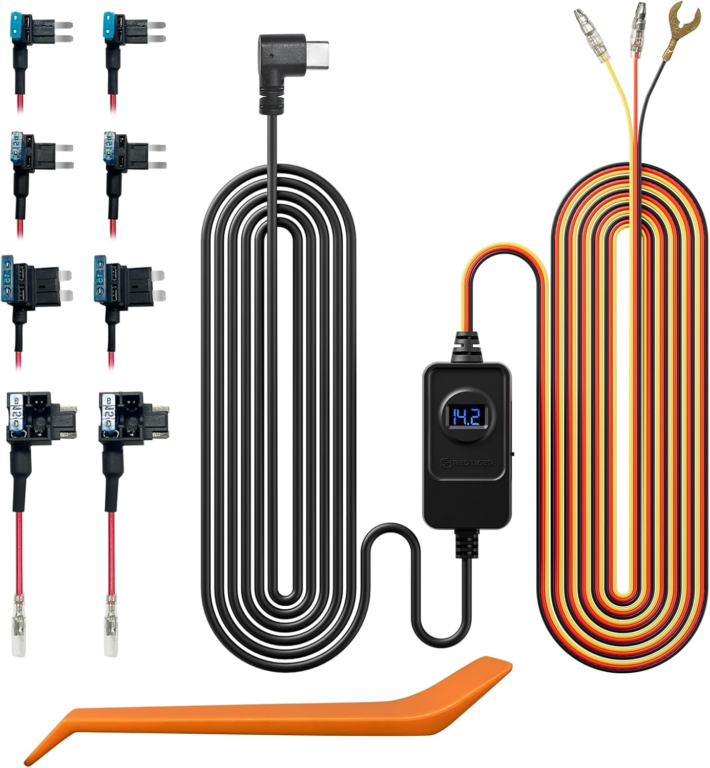 Redteliger F7N Dash Cam Hardwire Kit, Dashboard-Kamera-Ladekabel-Kabel-Kabel 12V-24 V bis 5 V mit Sicherungskit, Niedrigspannungsschutz für Dash Cam Double-4-Sicherungen