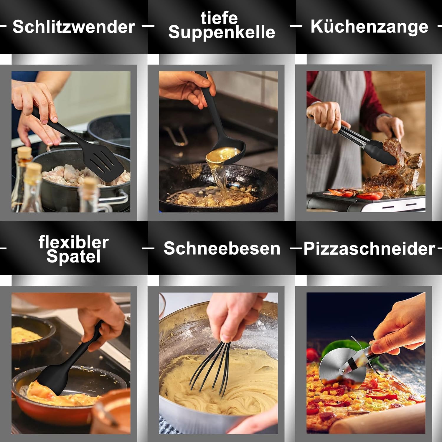 Küchenutensilien-Set, 43-teilige Silikonkochutensilien, Kochen Caslery Set, hitzebeständiges Kochgeschirr mit Utensilienhalter, Nicht-Stick-Kochset, Küchenutensilien, Geschirrspüler sicher, schwarz – Bild 5