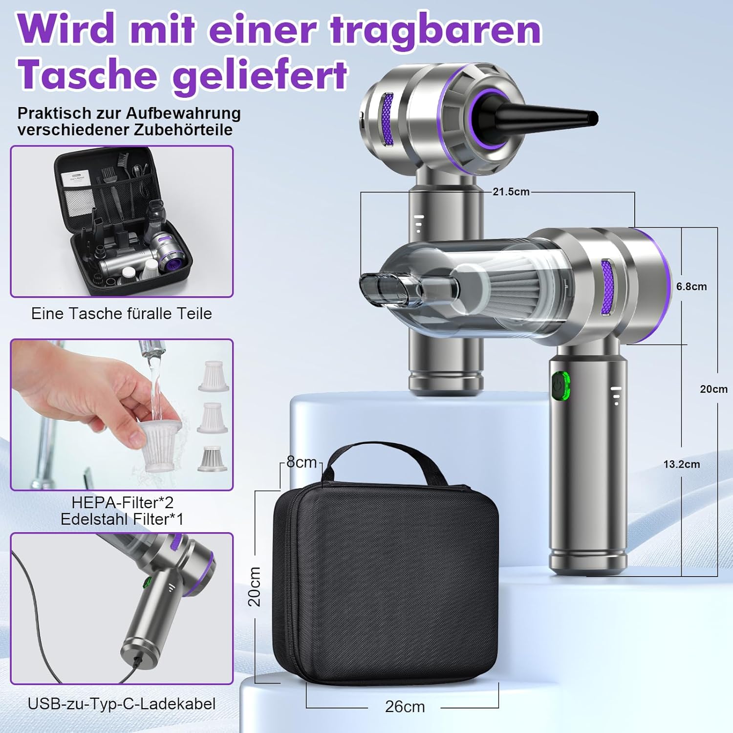 3-in-1-Handheld-Staubsaugerbatterie, Automangsreiniger stark, 18000pa Handheld-Staubsauger drahtlos, 3-Gang 200.000 U / min Elektrisch Staubgebläse Druckluftspray für Auto, Küche, PC, Sofa, Sofa, – Bild 5
