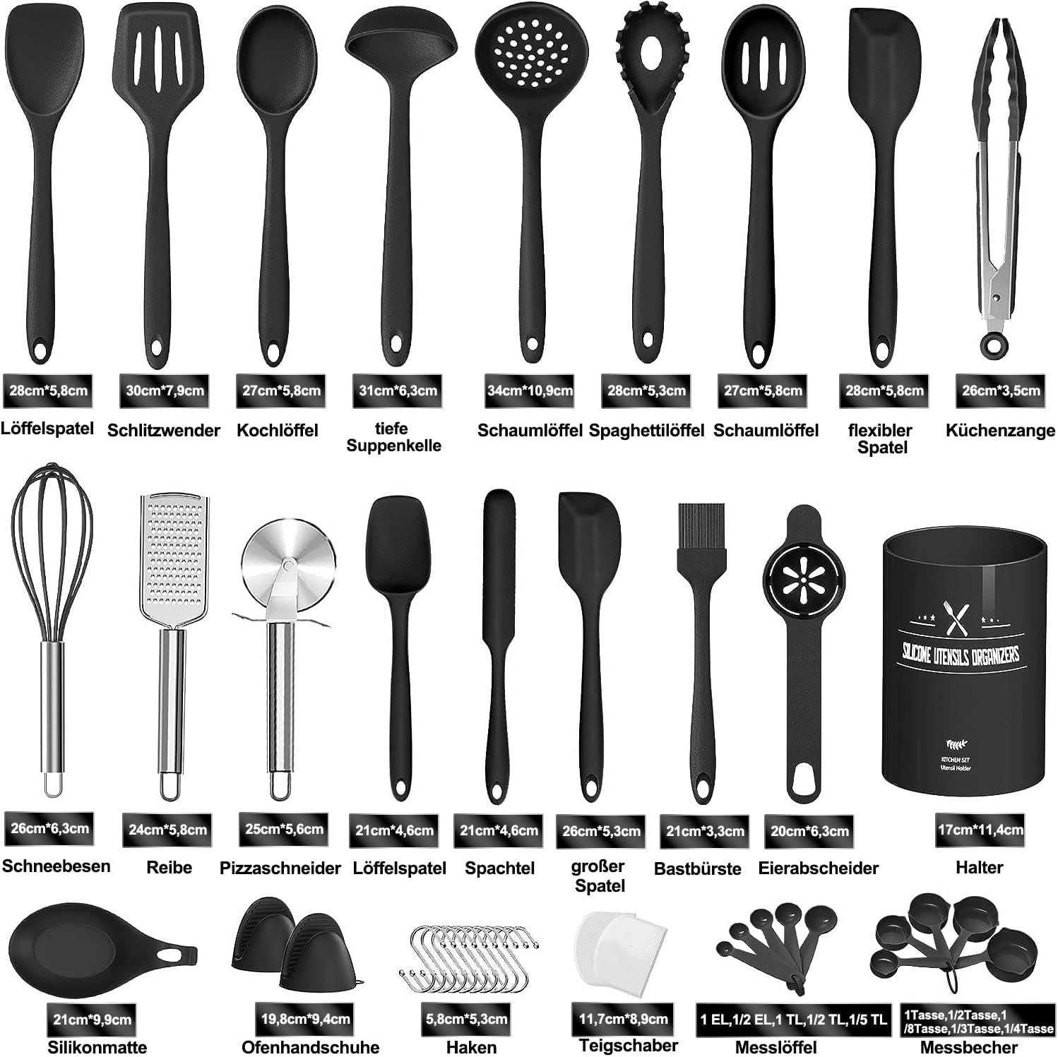 Küchenutensilien-Set, 43-teilige Silikonkochutensilien, Kochen Caslery Set, hitzebeständiges Kochgeschirr mit Utensilienhalter, Nicht-Stick-Kochset, Küchenutensilien, Geschirrspüler sicher, schwarz – Bild 7