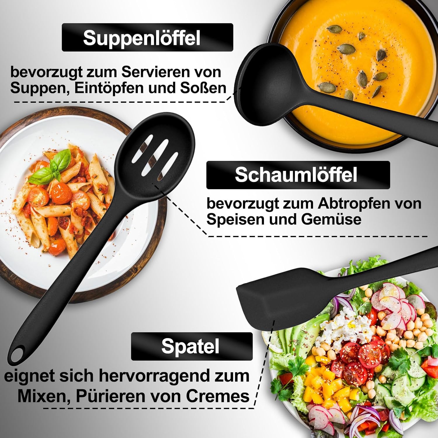 Küchenutensilien-Set, 43-teilige Silikonkochutensilien, Kochen Caslery Set, hitzebeständiges Kochgeschirr mit Utensilienhalter, Nicht-Stick-Kochset, Küchenutensilien, Geschirrspüler sicher, schwarz – Bild 6