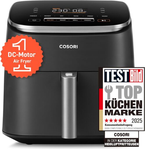 COSORI Turboblaze Airfryer, 9-in-1 Air Fryer XXL 6L, ruhiger Gleichstrommotor mit 5 Lüftergeschwindigkeiten, Braten, Grill, Backen, Proof, Dehydrat, Frozen, 87 Rezepte, 64% Energieeinsparung, 95% weniger Öl, sogar und knusprige Ergebnisse