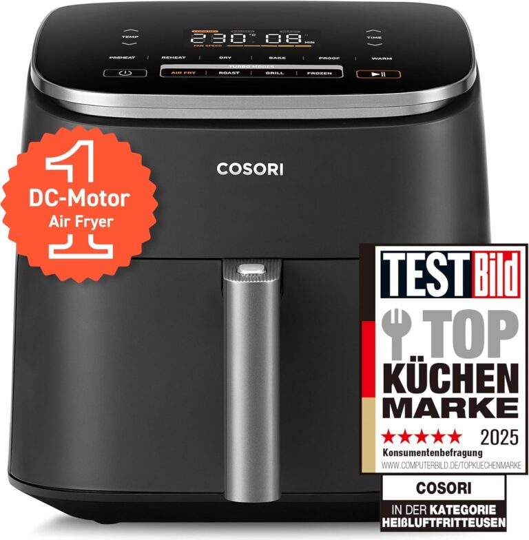 COSORI Turboblaze Airfryer, 9-in-1 Air Fryer XXL 6L, ruhiger Gleichstrommotor mit 5 Lüftergeschwindigkeiten, Braten, Grill, Backen, Proof, Dehydrat, Frozen, 87 Rezepte, 64% Energieeinsparung, 95% weniger Öl, sogar und knusprige Ergebnisse