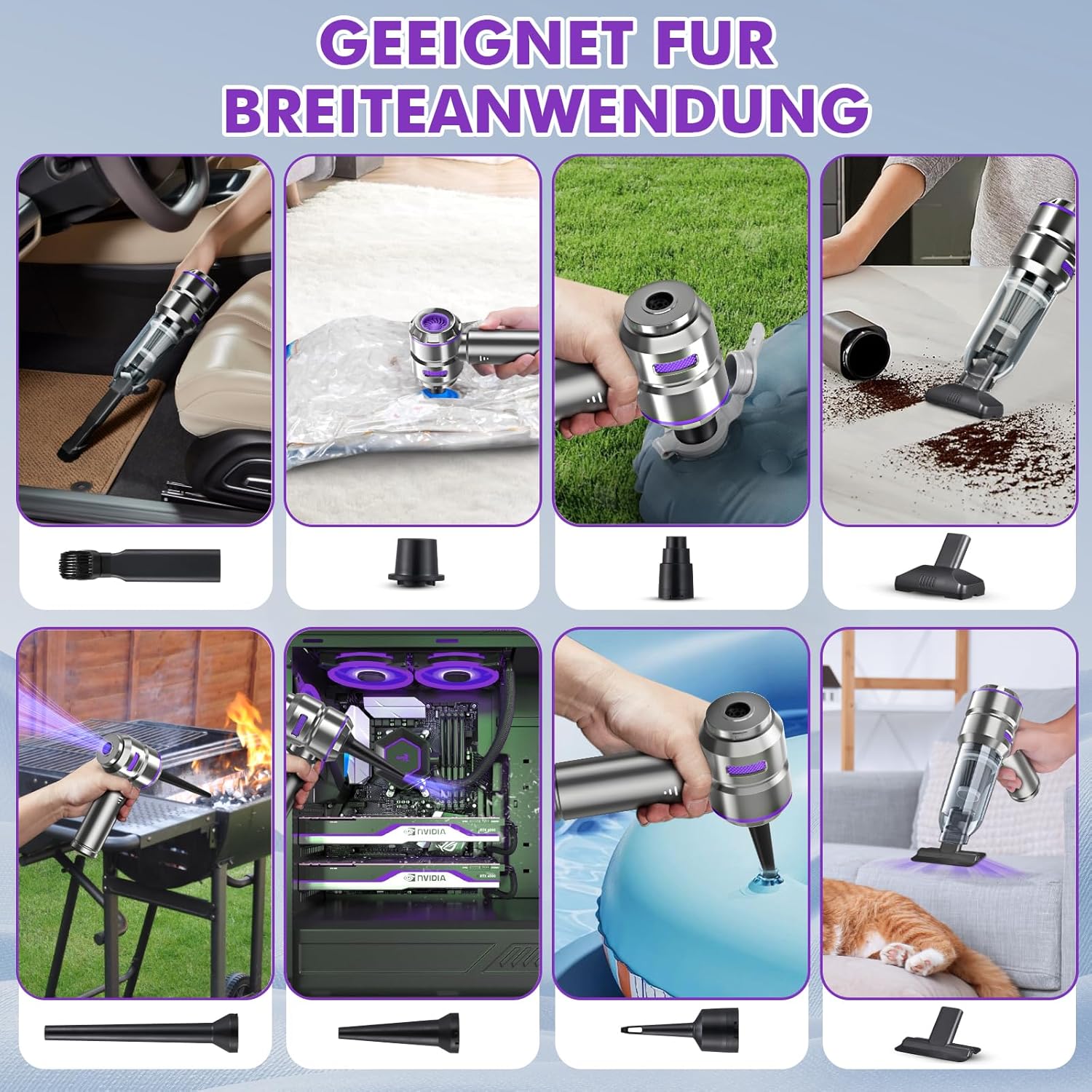 3-in-1-Handheld-Staubsaugerbatterie, Automangsreiniger stark, 18000pa Handheld-Staubsauger drahtlos, 3-Gang 200.000 U / min Elektrisch Staubgebläse Druckluftspray für Auto, Küche, PC, Sofa, Sofa, – Bild 6