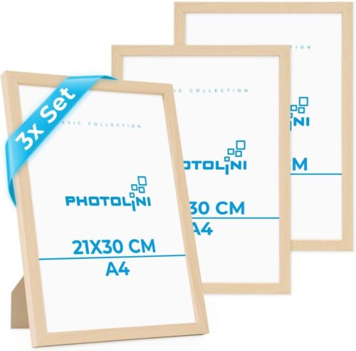 Photolini -Bilderrahmen, 21 x 30 cm, Din A4, modern, natürlich, aus MDF mit Acrylglas, Porträtrahmen, abnehmbarer Rahmen, 3 -Set 3