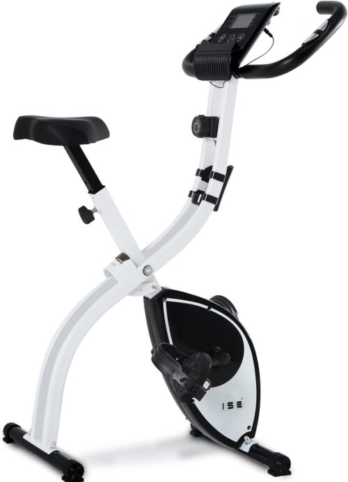 ISE X-Bike-Fitnessbike für Heimübungsrad Fahrrad Fahrrad faltbare X-Bike Einstellbare Magnetronwiderstandswerte mit Handimpulssensoren, Weiß, SY-810L