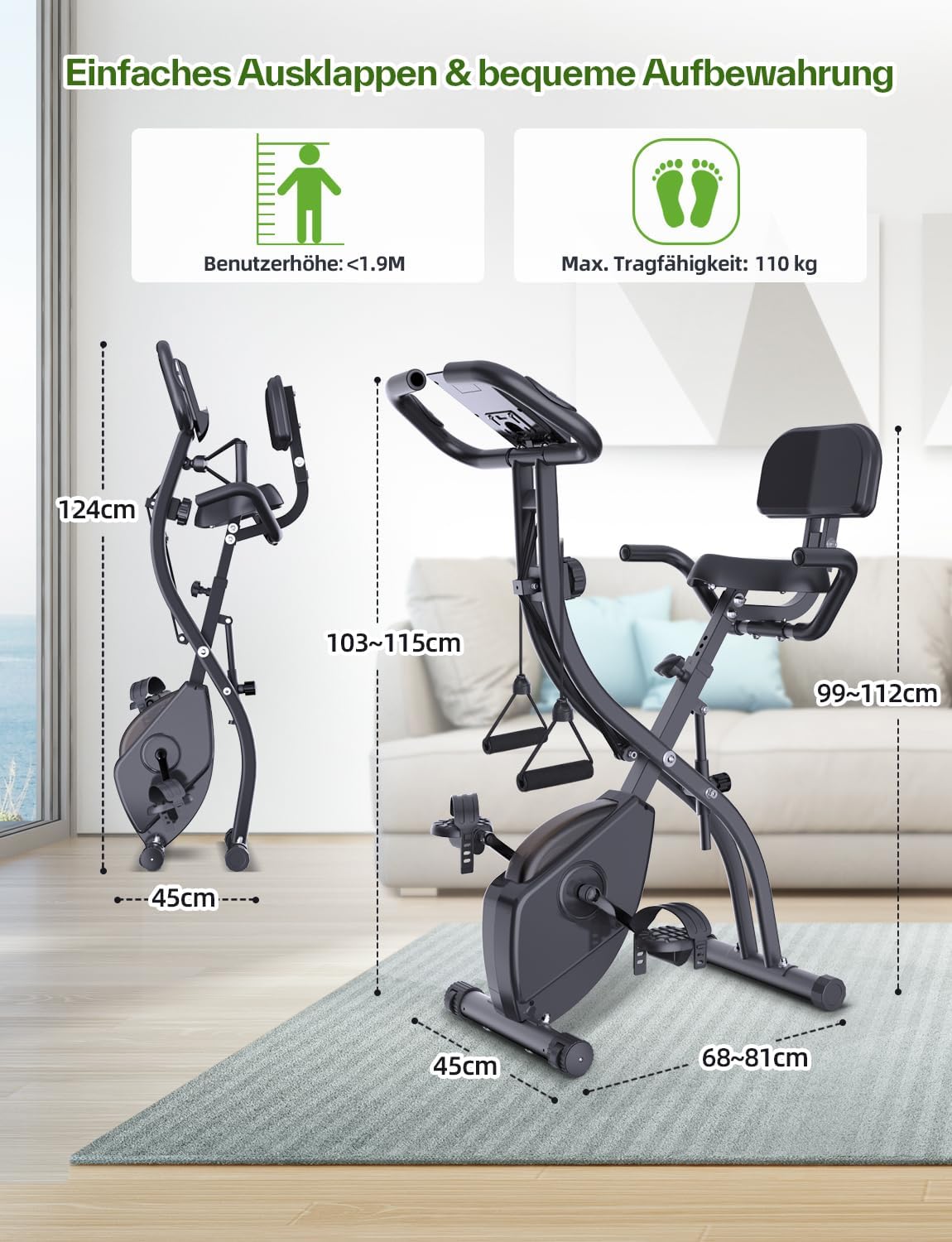 Sportneer Foldable Training Bike, 4-in-1-Ergometer, Innenreinrad mit 16 Widerstandsniveaus, mit LCD-Anzeige und Handimpulssensoren faltbar, für Anfänger und Fachkräfte faltbar – Bild 5