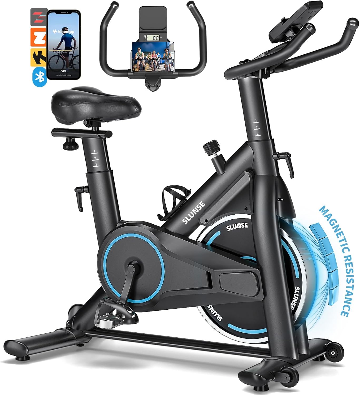 Slunse Quiet Home Trainer Ergometer mit App -Verbesserung des LCD -Monitors, Innenbike mit einstellbarem Widerstand und Fitnessbike bis zu 180 kg für Cardio -Training zu Hause