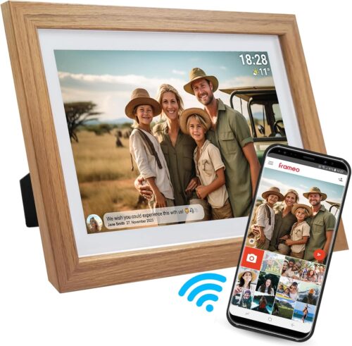 Denver PFF1042LW digitaler Bilderrahmen 10.1 Zoll Holz HD Frameo App Elektronische Bilderrahmen WiFi 16 GB IPS Touchscreen Automatische Drehung