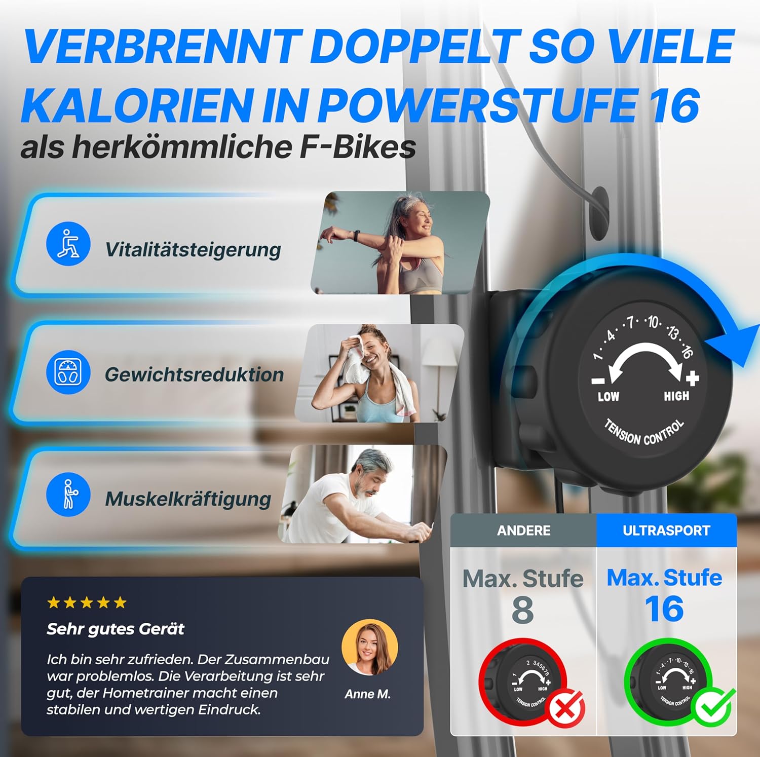 Ultrasport F-Bike 150/200, Trainingrad, 8 Widerstandsniveaus, Tablettenhalter, Handimpulssensoren, faltbar, platzsparend, LCD-Display für Sportler und Senioren – Bild 5
