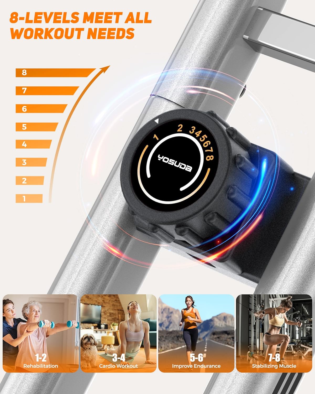 Yosuda 3-in-1-Falten-Training-Fahrrad, faltbares Übungsrad, 150 kg Ladungskapazität, platzsparendes Trainingrad mit integriertem Widerstandsband, 8 Magnetwiderstandsniveaus – Bild 6