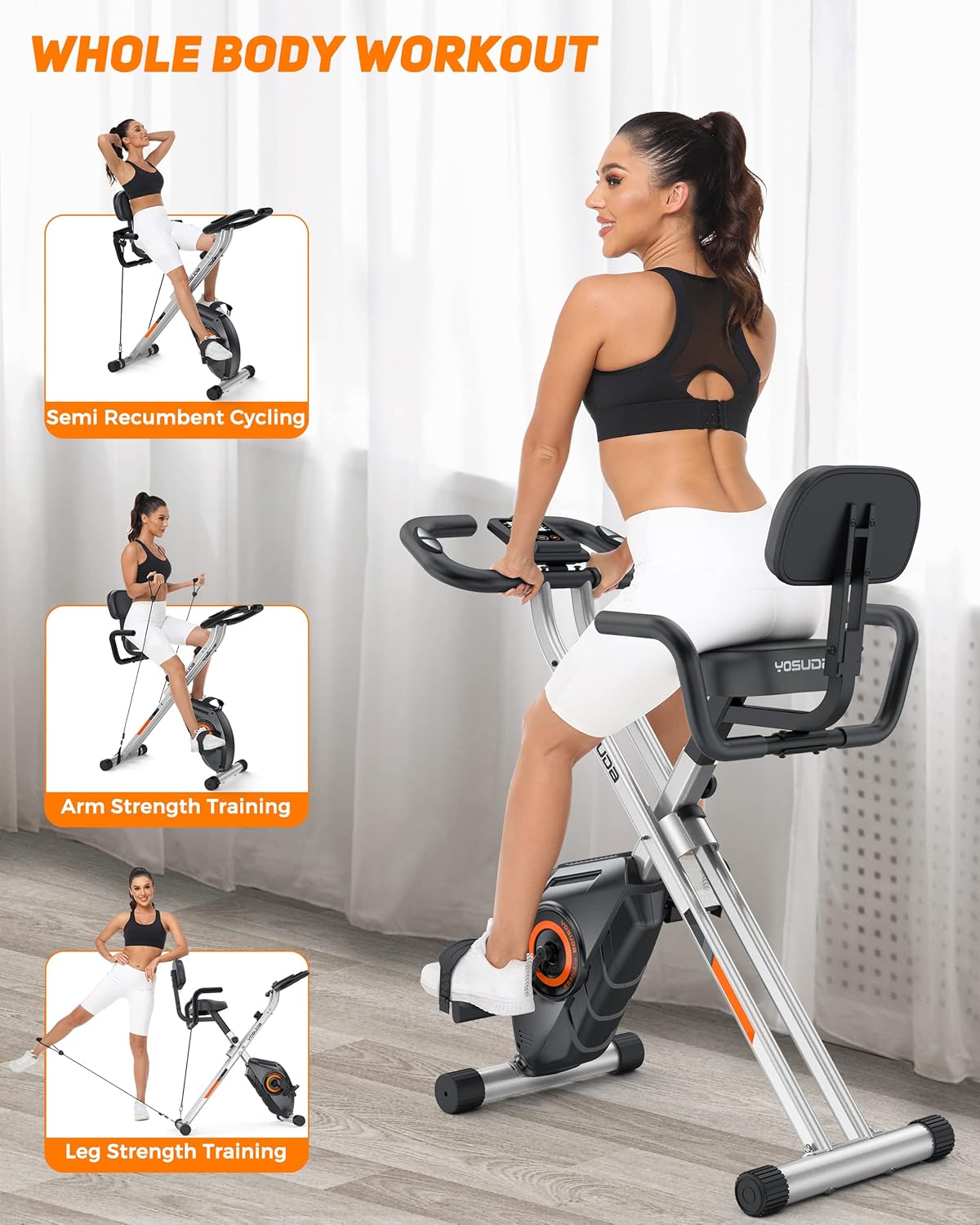 Yosuda 3-in-1-Falten-Training-Fahrrad, faltbares Übungsrad, 150 kg Ladungskapazität, platzsparendes Trainingrad mit integriertem Widerstandsband, 8 Magnetwiderstandsniveaus – Bild 2
