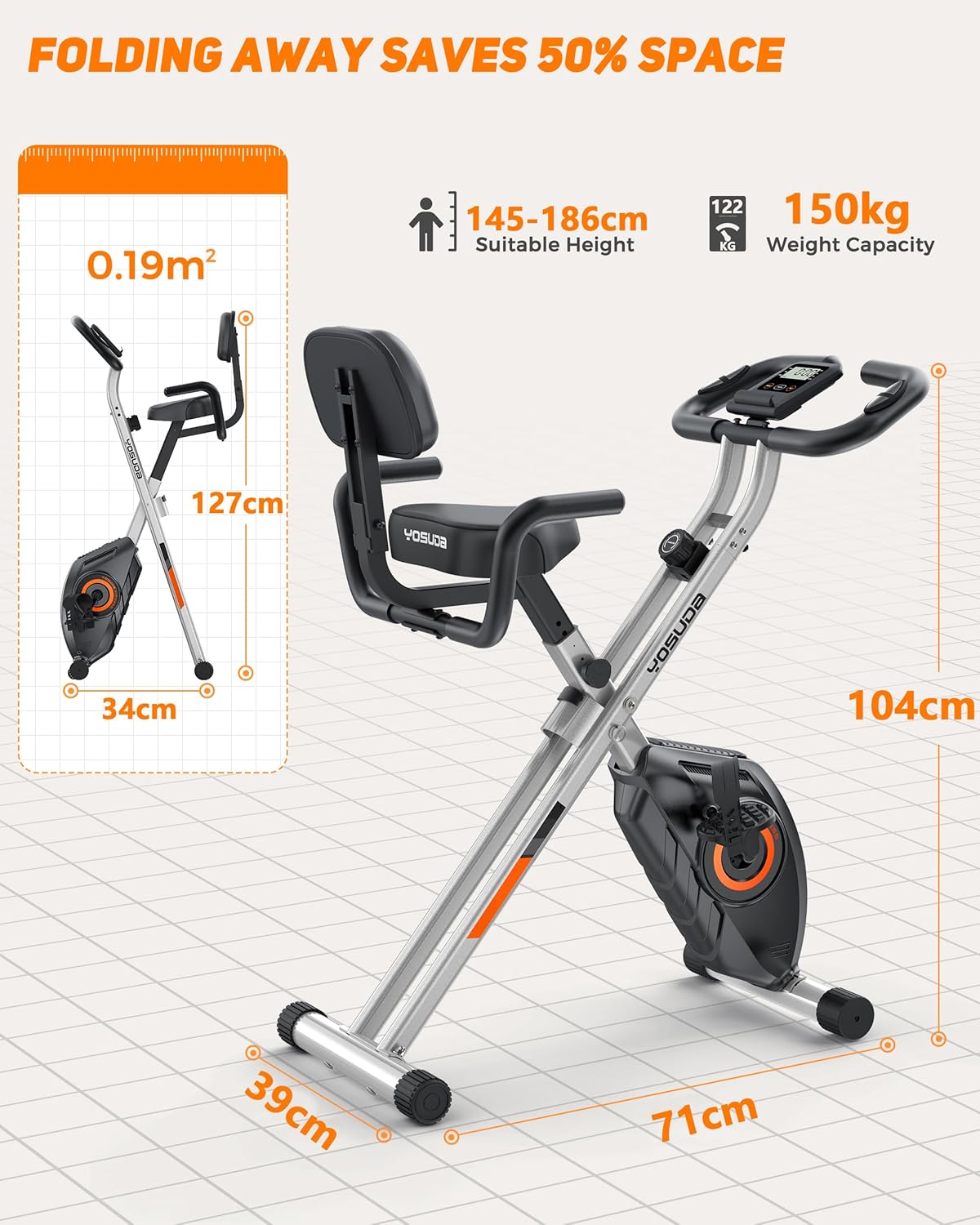 Yosuda 3-in-1-Falten-Training-Fahrrad, faltbares Übungsrad, 150 kg Ladungskapazität, platzsparendes Trainingrad mit integriertem Widerstandsband, 8 Magnetwiderstandsniveaus – Bild 4