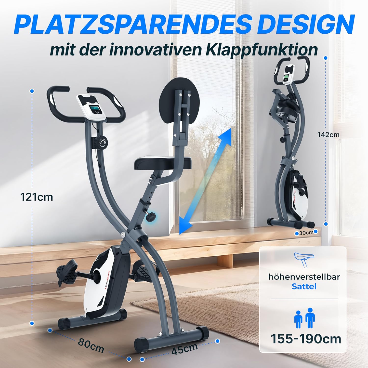 Ultrasport F-Bike 150/200, Trainingrad, 8 Widerstandsniveaus, Tablettenhalter, Handimpulssensoren, faltbar, platzsparend, LCD-Display für Sportler und Senioren – Bild 7