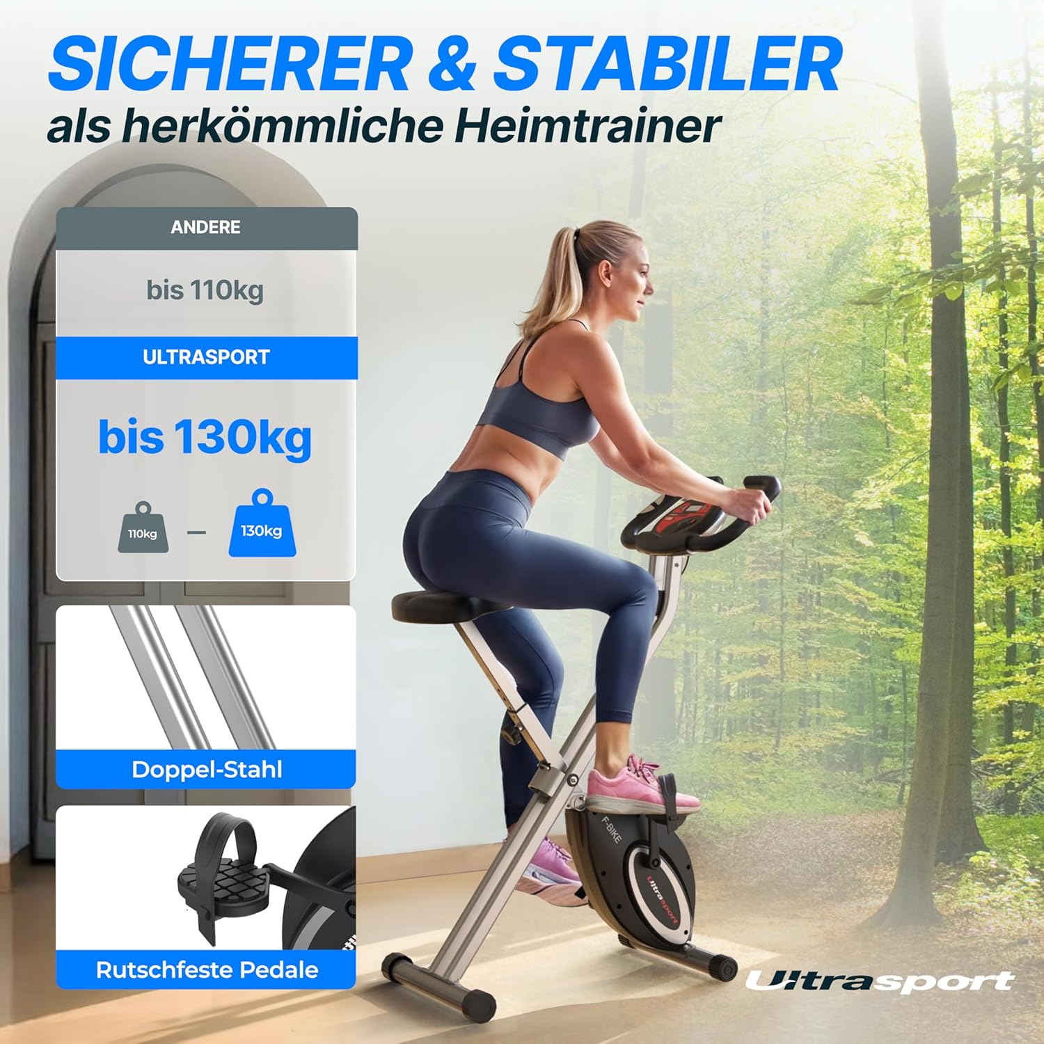 Ultrasport Folding -Trainingfahrrad, Heimtrainer, Fahrrad, extra ruhig bis zu 130 kg mit Komfortsattel, Ergometer, Trainingsrad, Fitnessrad, Innenrad, Trimmrad – Bild 3