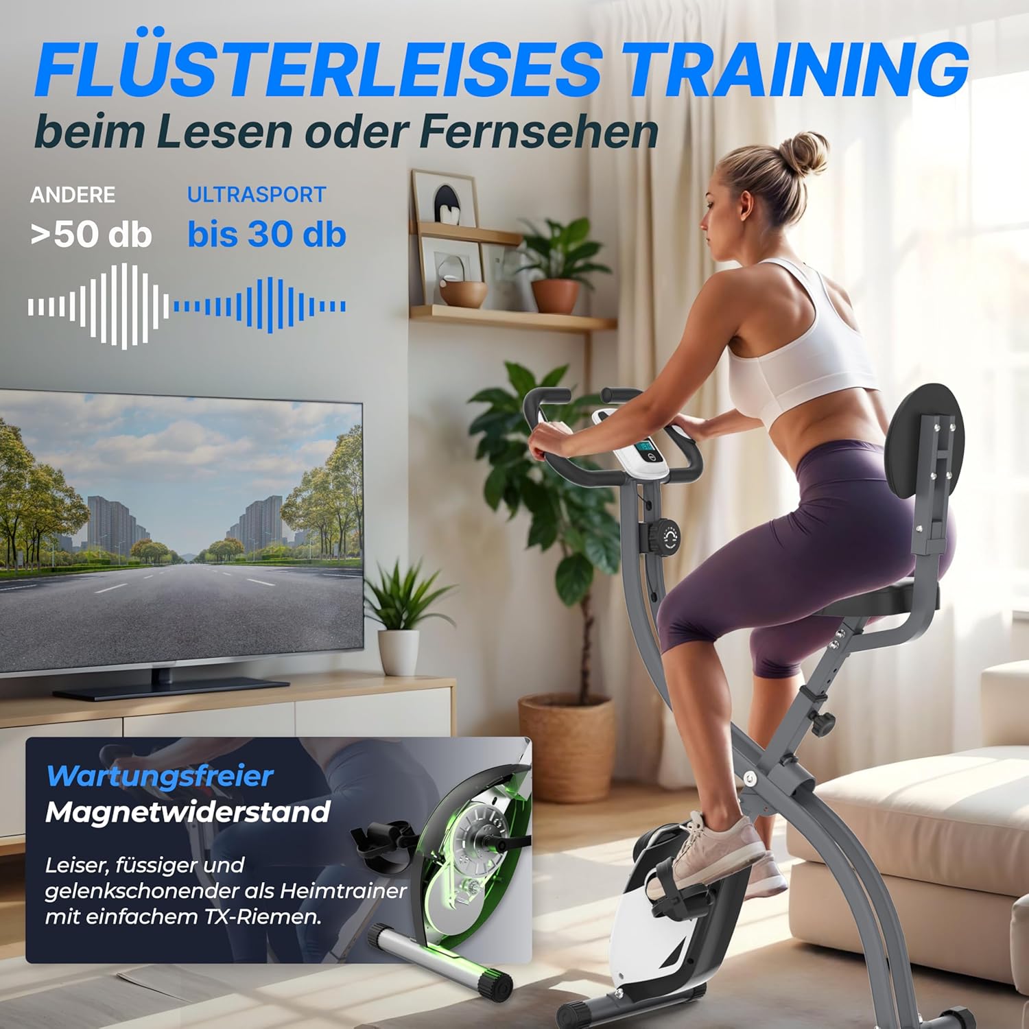 Ultrasport F-Bike 150/200, Trainingrad, 8 Widerstandsniveaus, Tablettenhalter, Handimpulssensoren, faltbar, platzsparend, LCD-Display für Sportler und Senioren – Bild 4