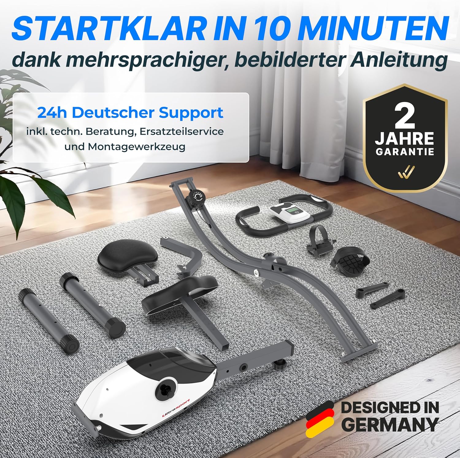 Ultrasport F-Bike 150/200, Trainingrad, 8 Widerstandsniveaus, Tablettenhalter, Handimpulssensoren, faltbar, platzsparend, LCD-Display für Sportler und Senioren – Bild 8